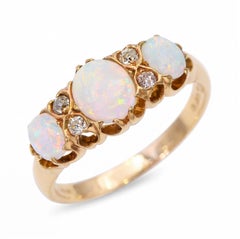 Antique 18k Yellow Gold Australian Opal and Old Mine Cut Diamond Ring