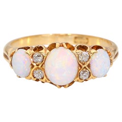 Antique 18k Yellow Gold Australian Opal and Old Mine Cut Diamond Ring