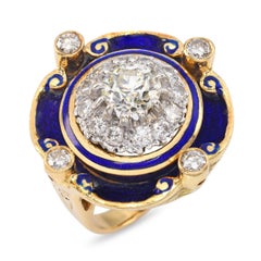 Antique 18k Yellow Gold Blue Enamel and Diamond Statement Ring