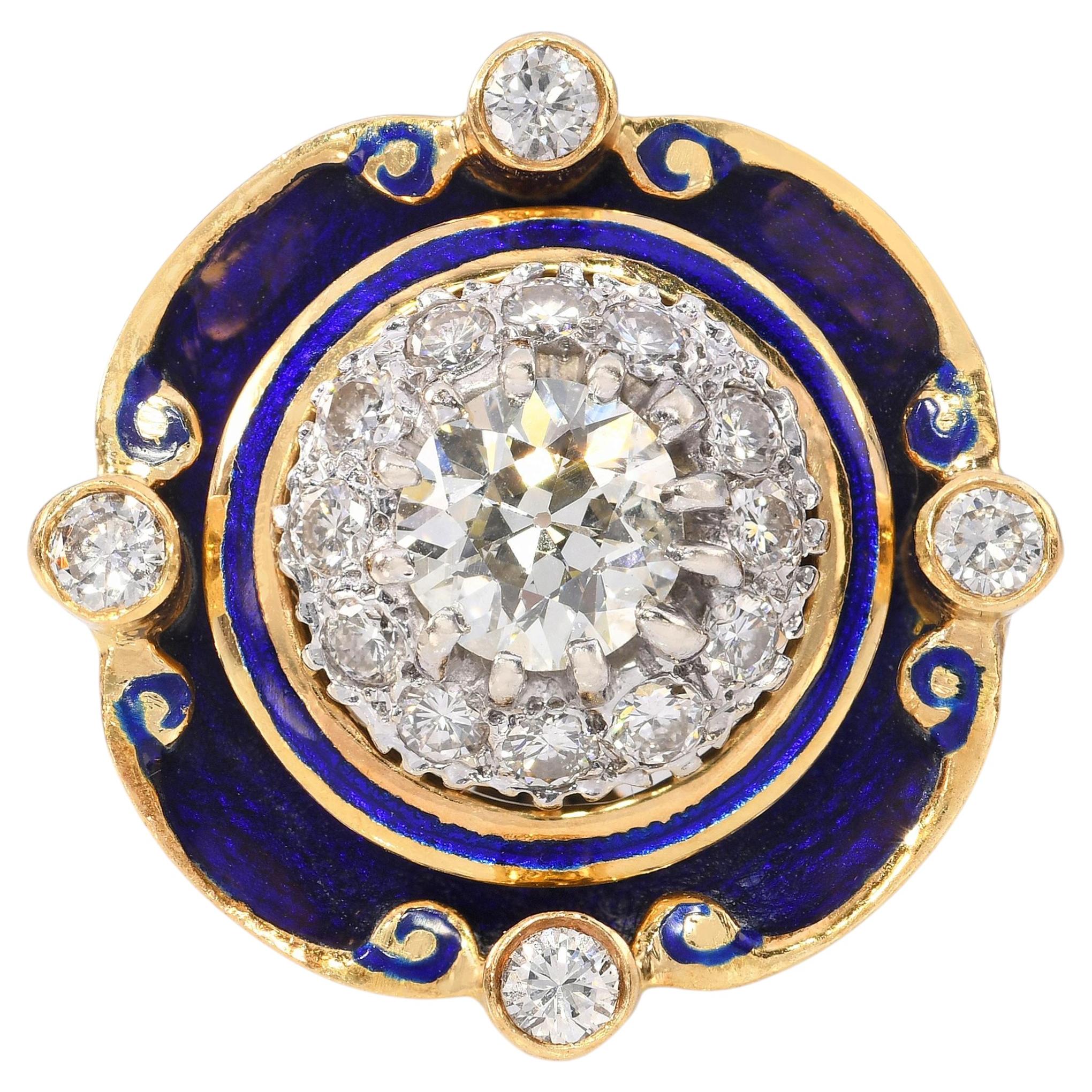 Antique 18k Yellow Gold Blue Enamel and Diamond Statement Ring For Sale ...