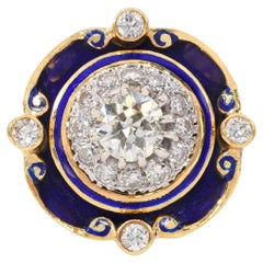 Antique 18k Yellow Gold Blue Enamel and Diamond Statement Ring