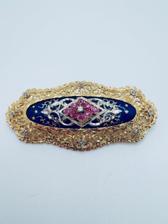 Antique 18K Yellow Gold Blue Enamel Filigree Brooch with Rubies and Diamonds