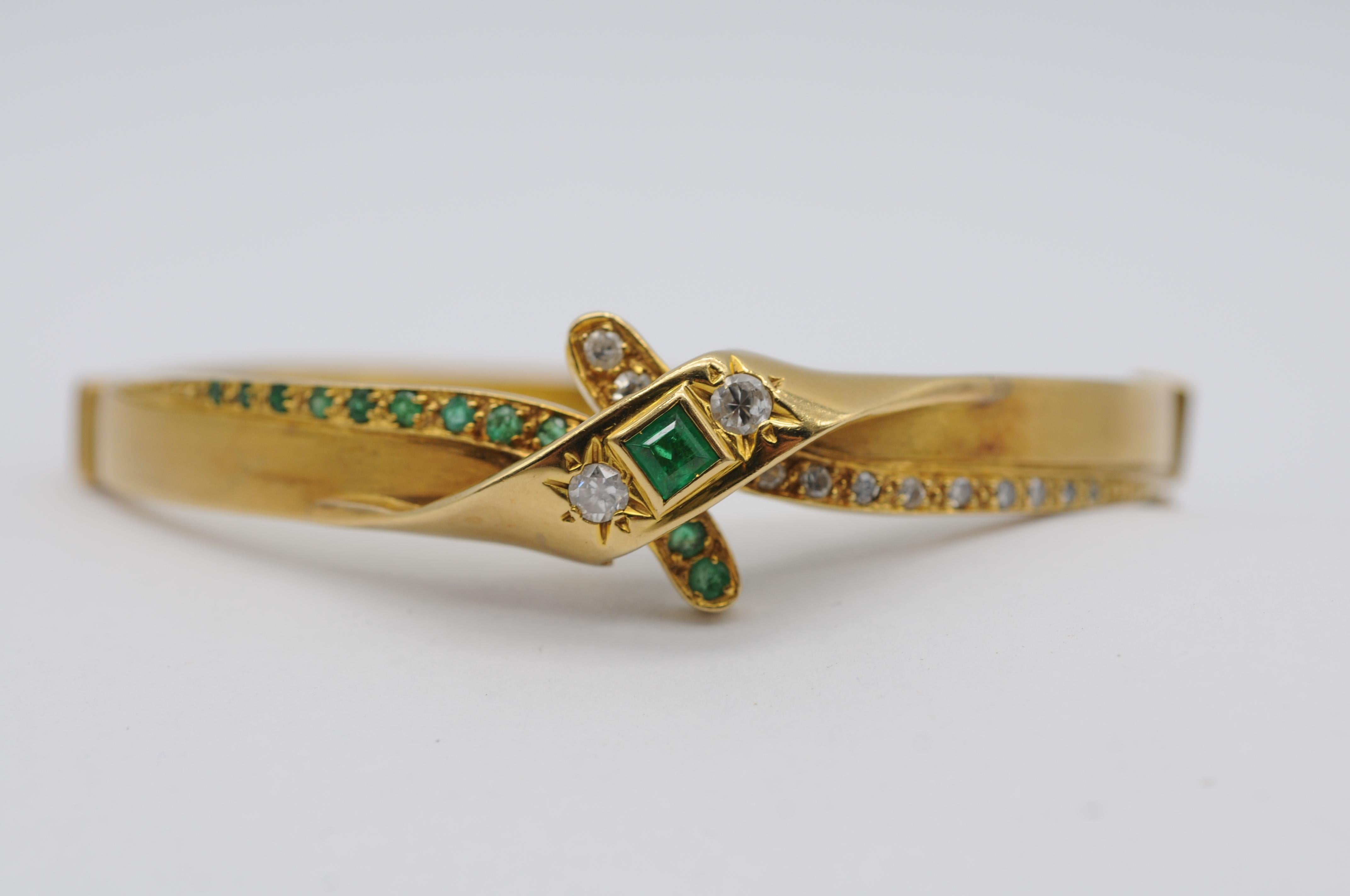 Aesthetic Movement Antique 18k Yellow Gold Bracelet with 12 Emeralds (0.40ct) & 14 Diamonds For Sale