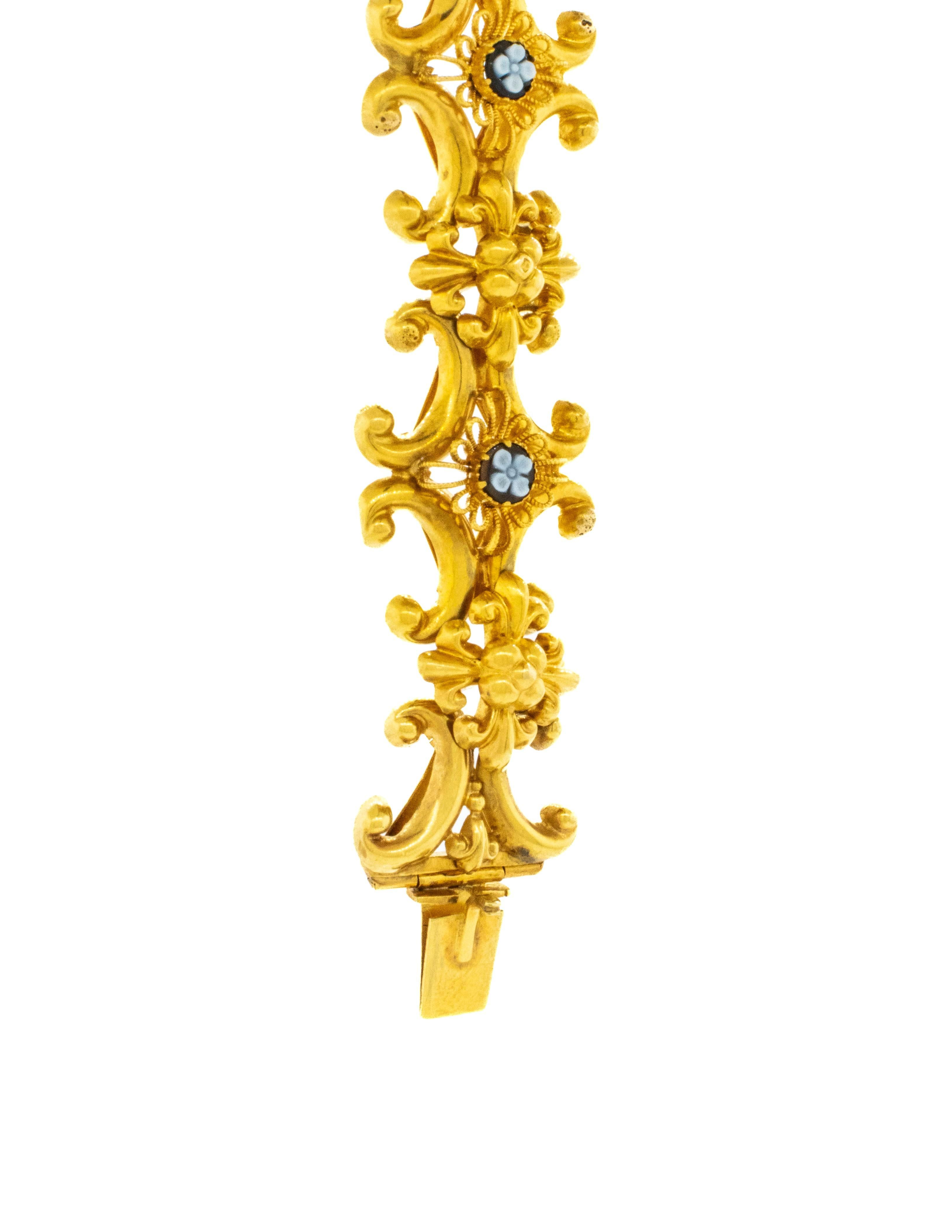 Portrait Cut Antique 18K Yellow Gold Bracelet with Carved Onyx Cameo Flowers For Sale