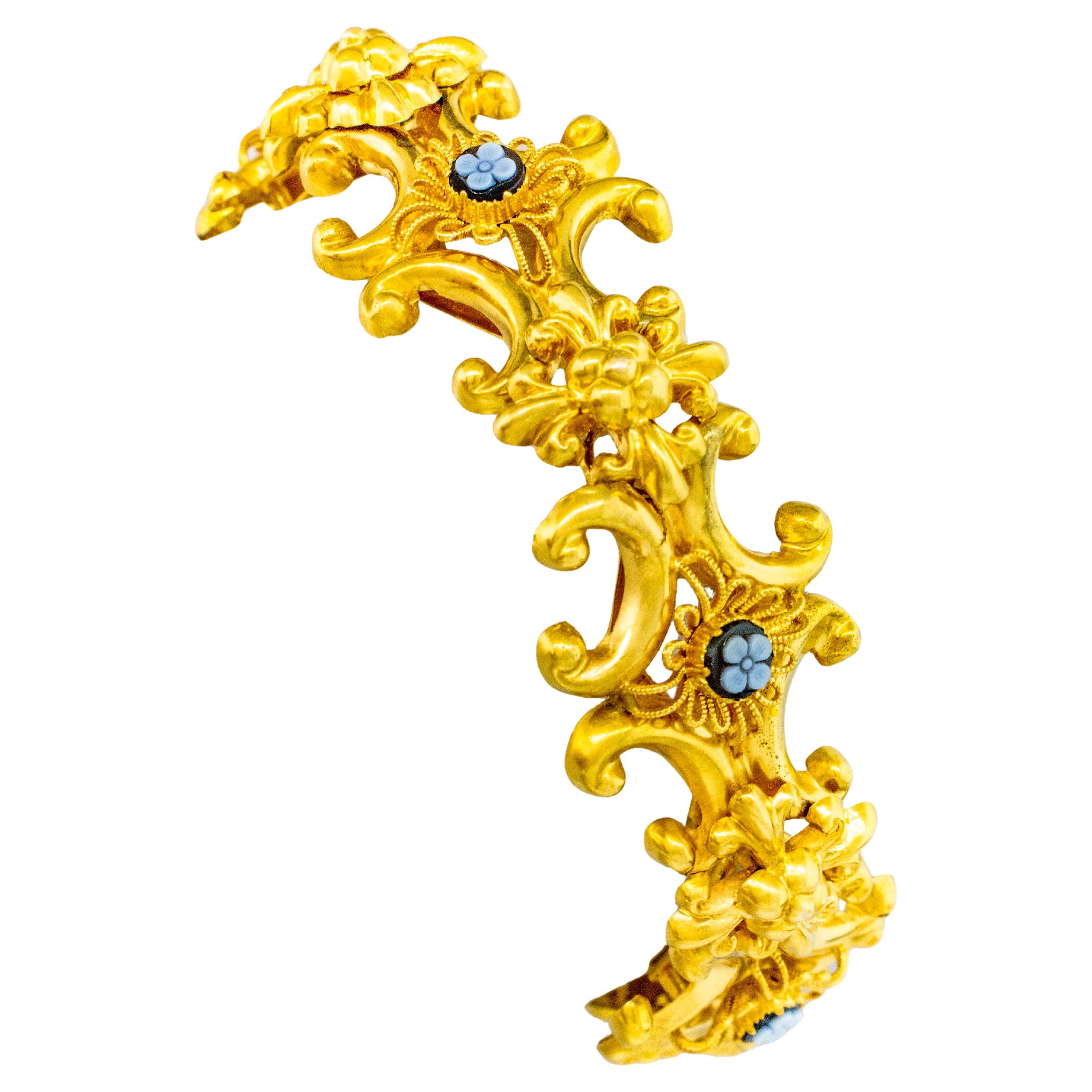 Antique 18K Yellow Gold Bracelet with Carved Onyx Cameo Flowers