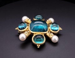 Antike Brosche aus 18 Karat Gelbgold mit Aquamarin-Perlen und Diamanten