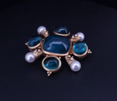 Antique 18K Yellow Gold Brooch Aquamarine Pearls Diamonds
