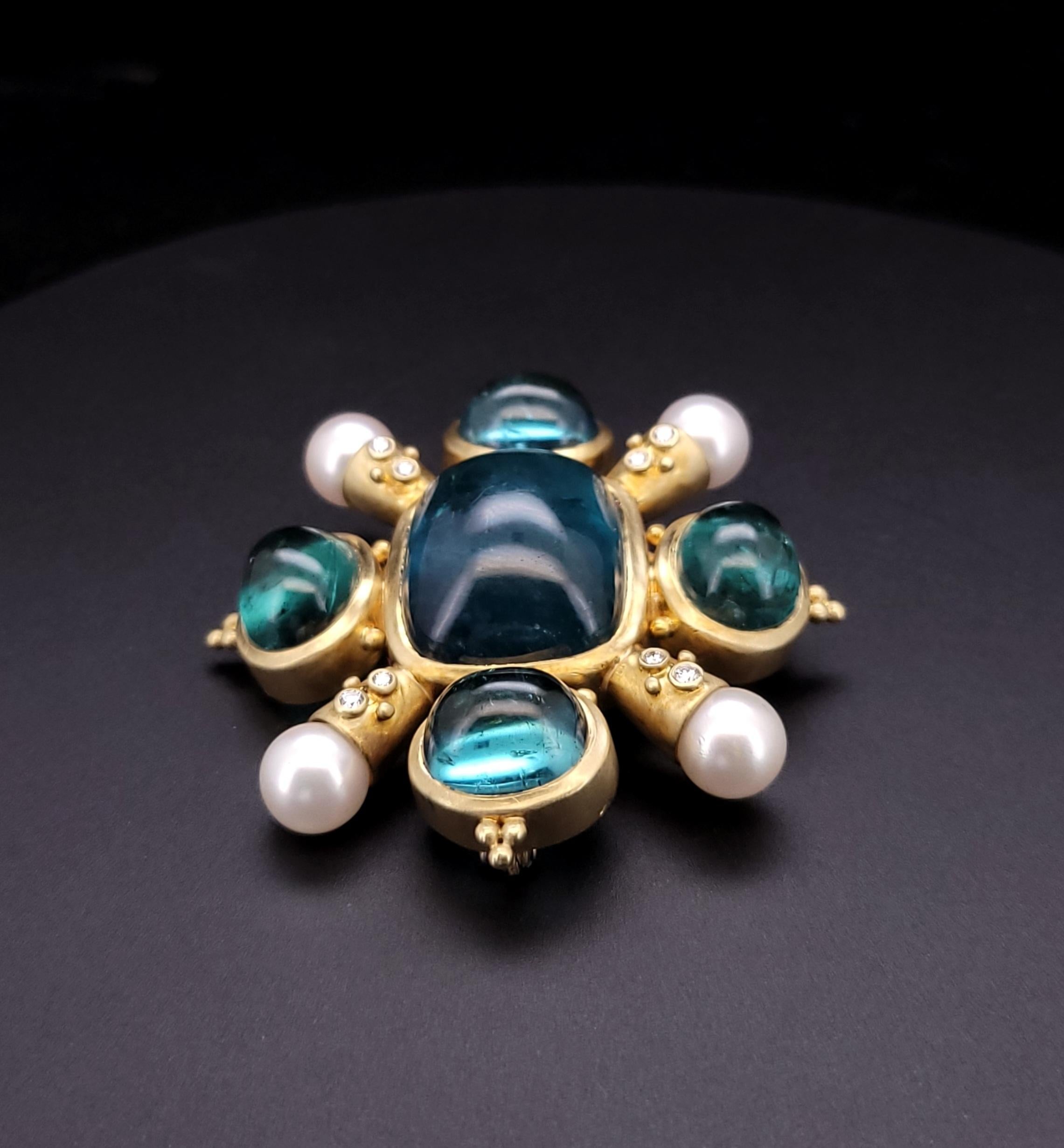 Antike Brosche aus 18 Karat Gelbgold mit Aquamarin-Perlen und Diamanten im Zustand „Neu“ im Angebot in New York, NY