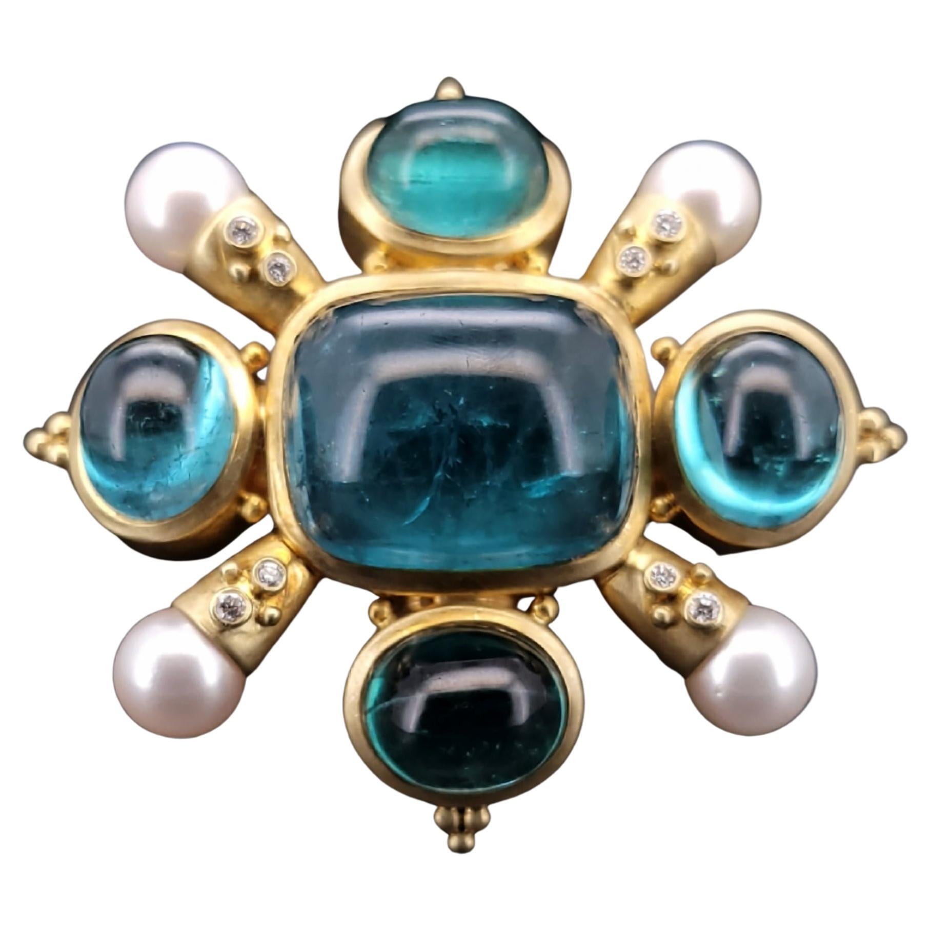 Antique 18K Yellow Gold Brooch Aquamarine Pearls Diamonds