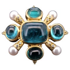 Antique 18K Yellow Gold Brooch Aquamarine Pearls Diamonds