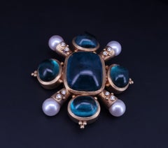 Antique 18K Yellow Gold Brooch Aquamarine Pearls Diamonds