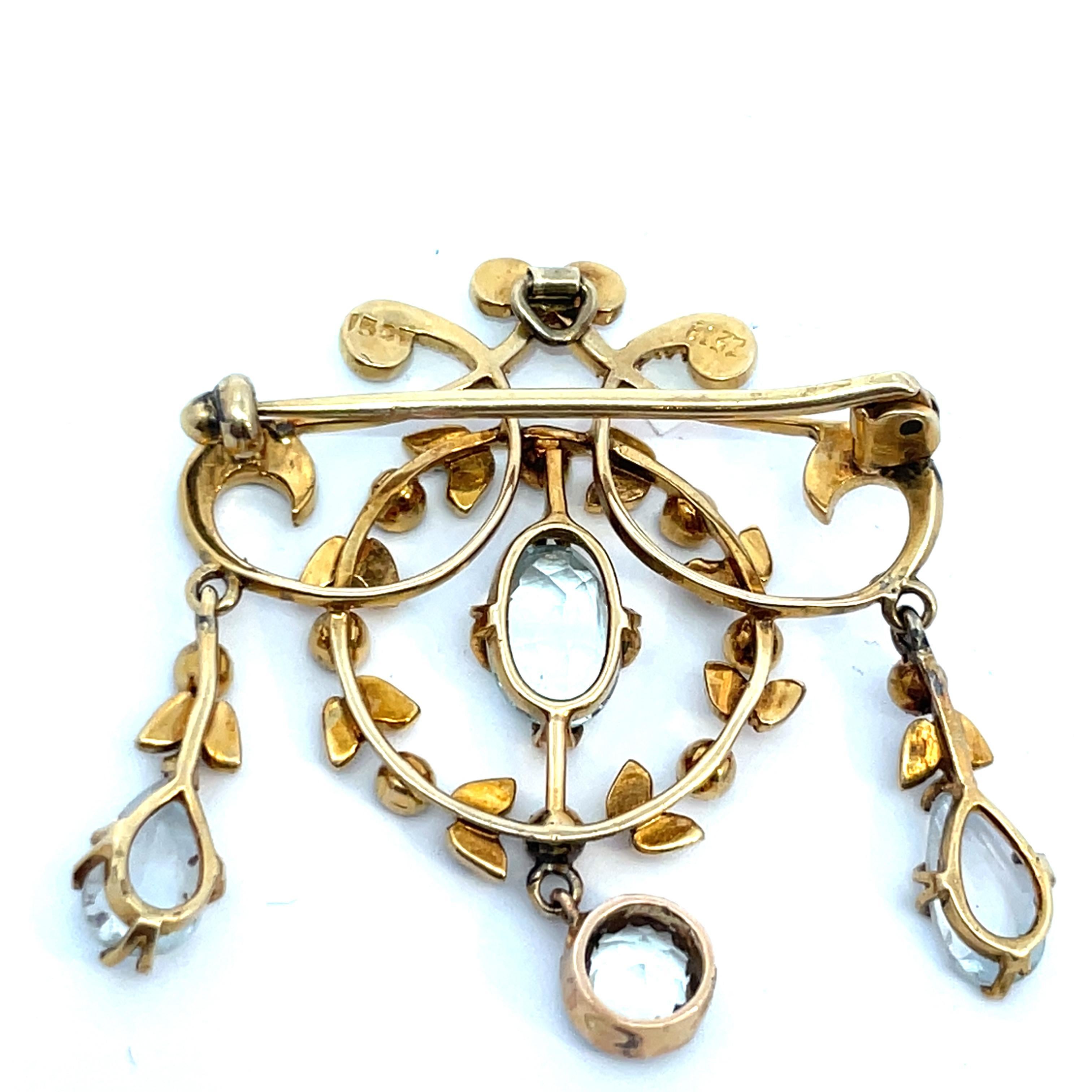 Art déco Broche ancienne en or jaune 18k en perle de rocaille et aqua en vente