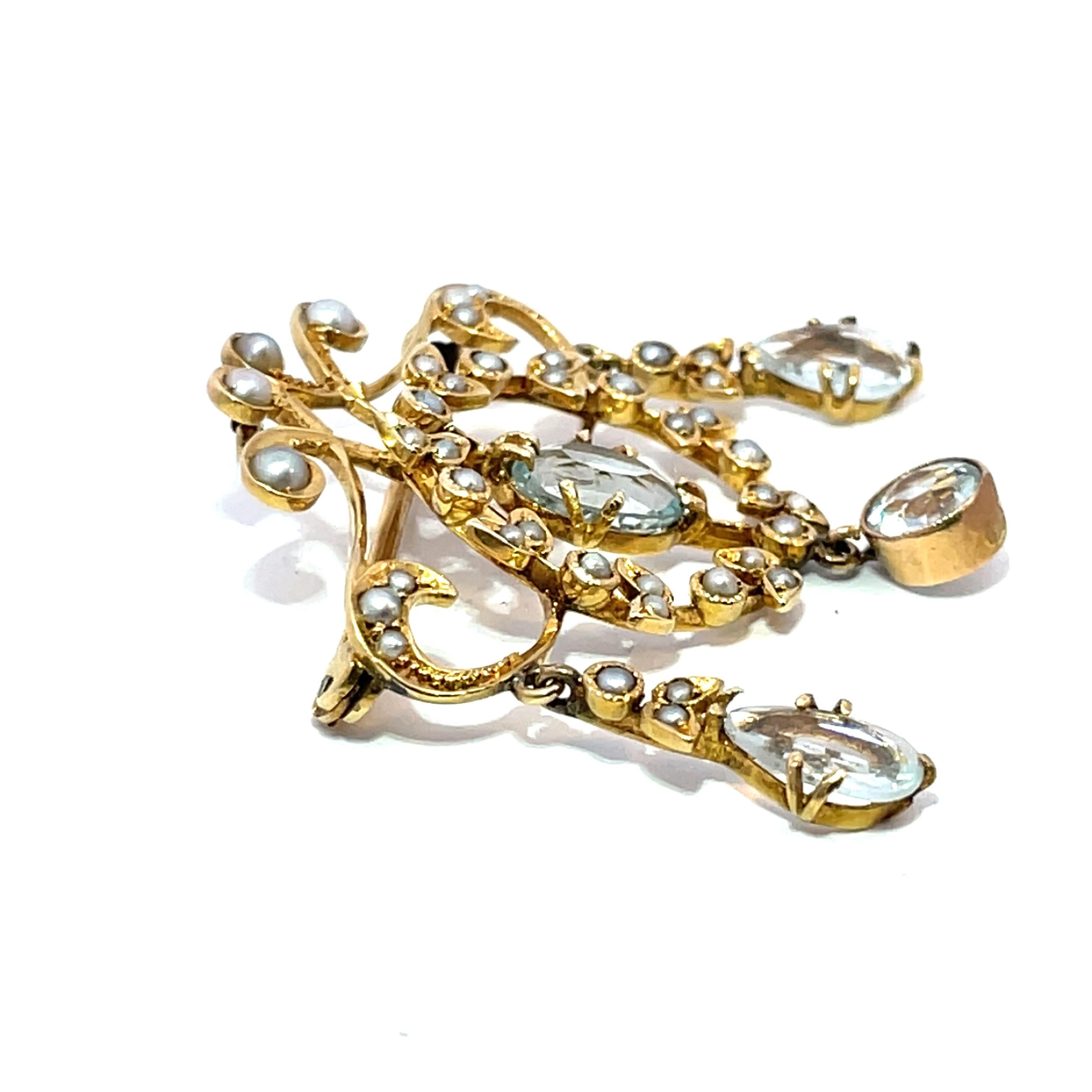 Broche ancienne en or jaune 18k en perle de rocaille et aqua Unisexe en vente