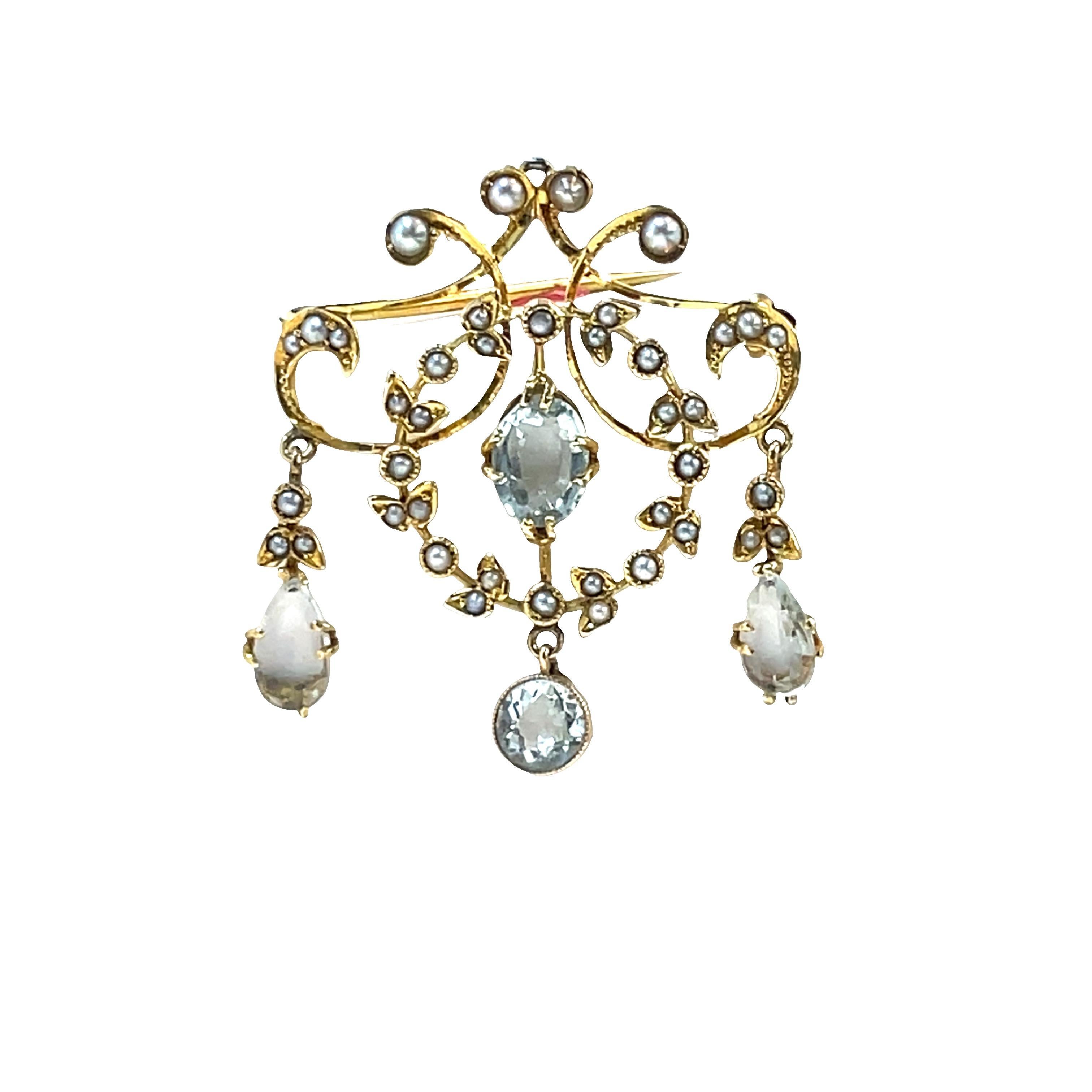 Broche ancienne en or jaune 18k en perle de rocaille et aqua en vente 1