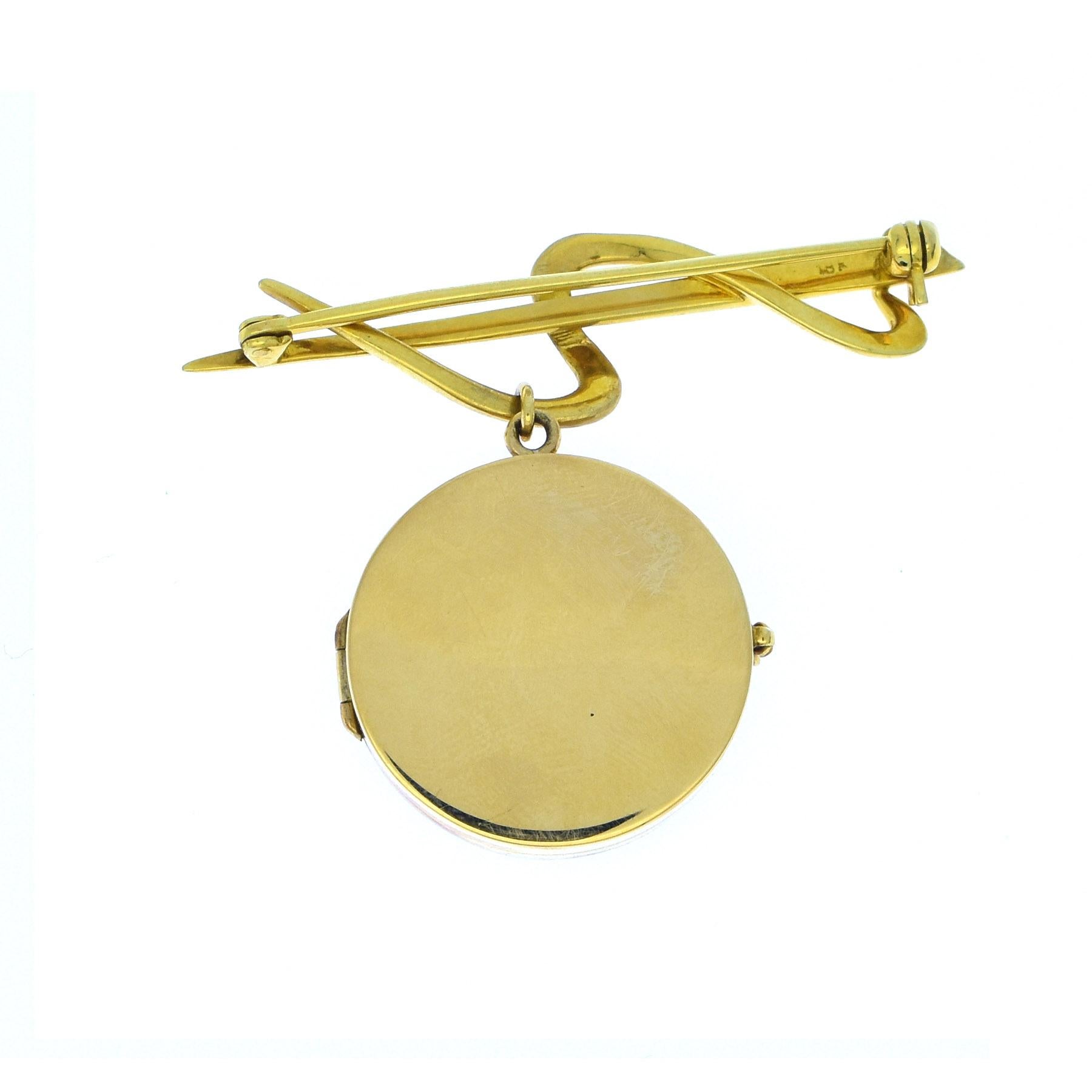 Art Nouveau Antique 18 Karat Yellow Gold Brooch/Locket Ruby, Diamond and Rose Cut Diamond For Sale