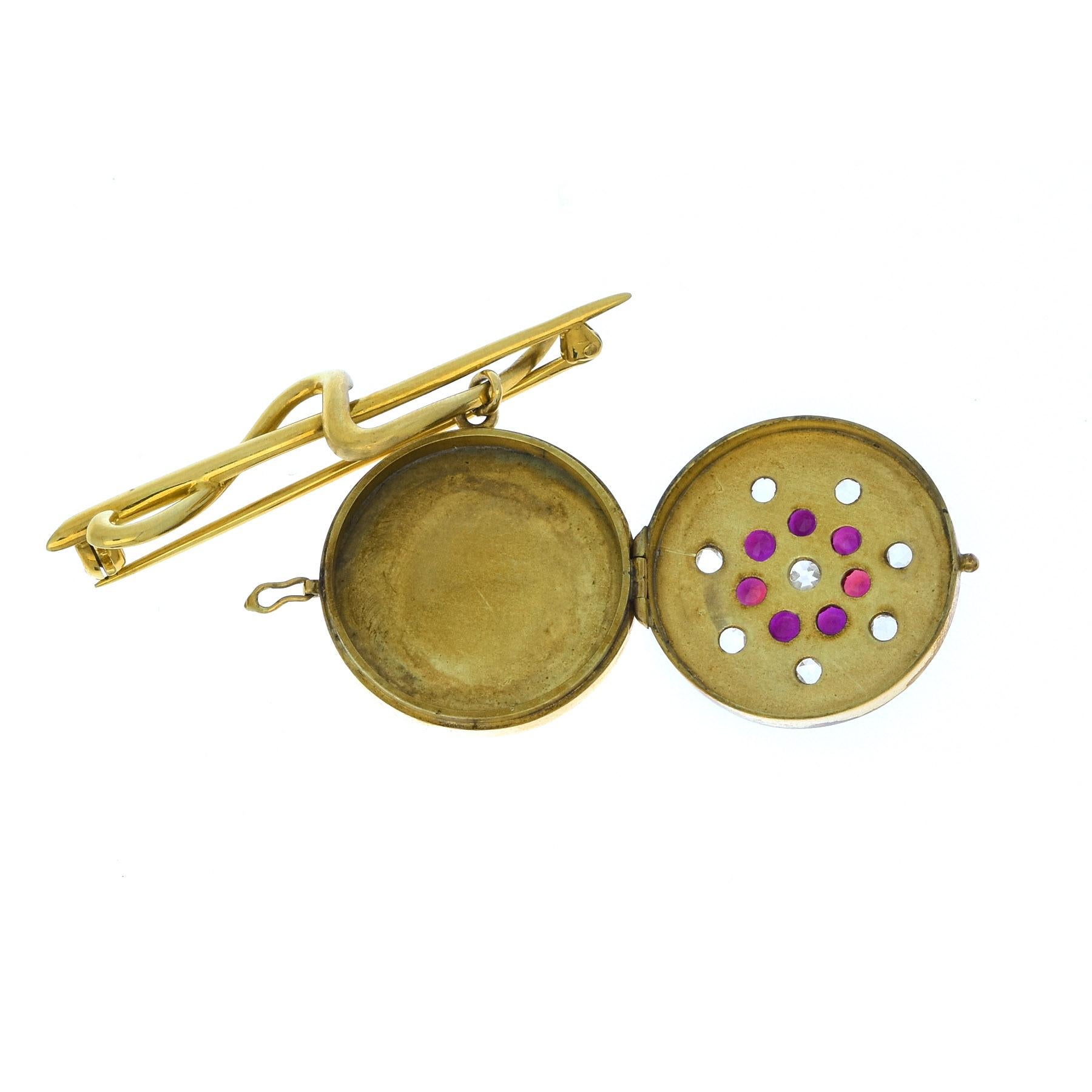 Women's or Men's Antique 18 Karat Yellow Gold Brooch/Locket Ruby, Diamond and Rose Cut Diamond For Sale