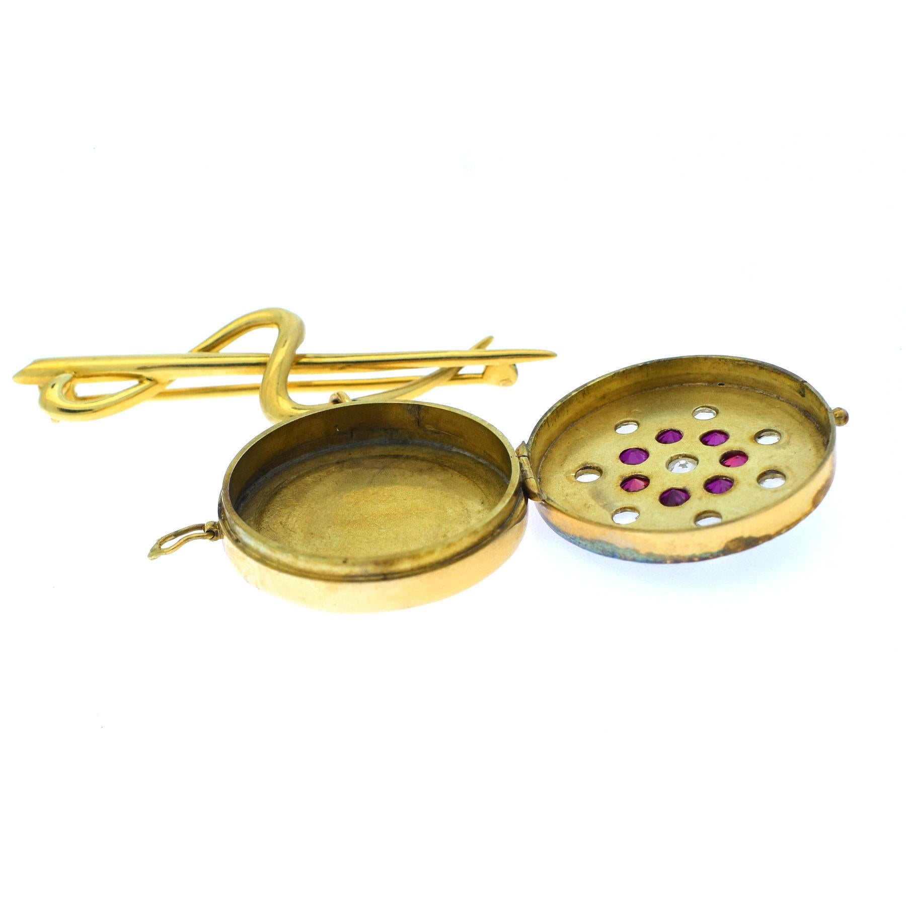 Antique 18 Karat Yellow Gold Brooch/Locket Ruby, Diamond and Rose Cut Diamond For Sale 1