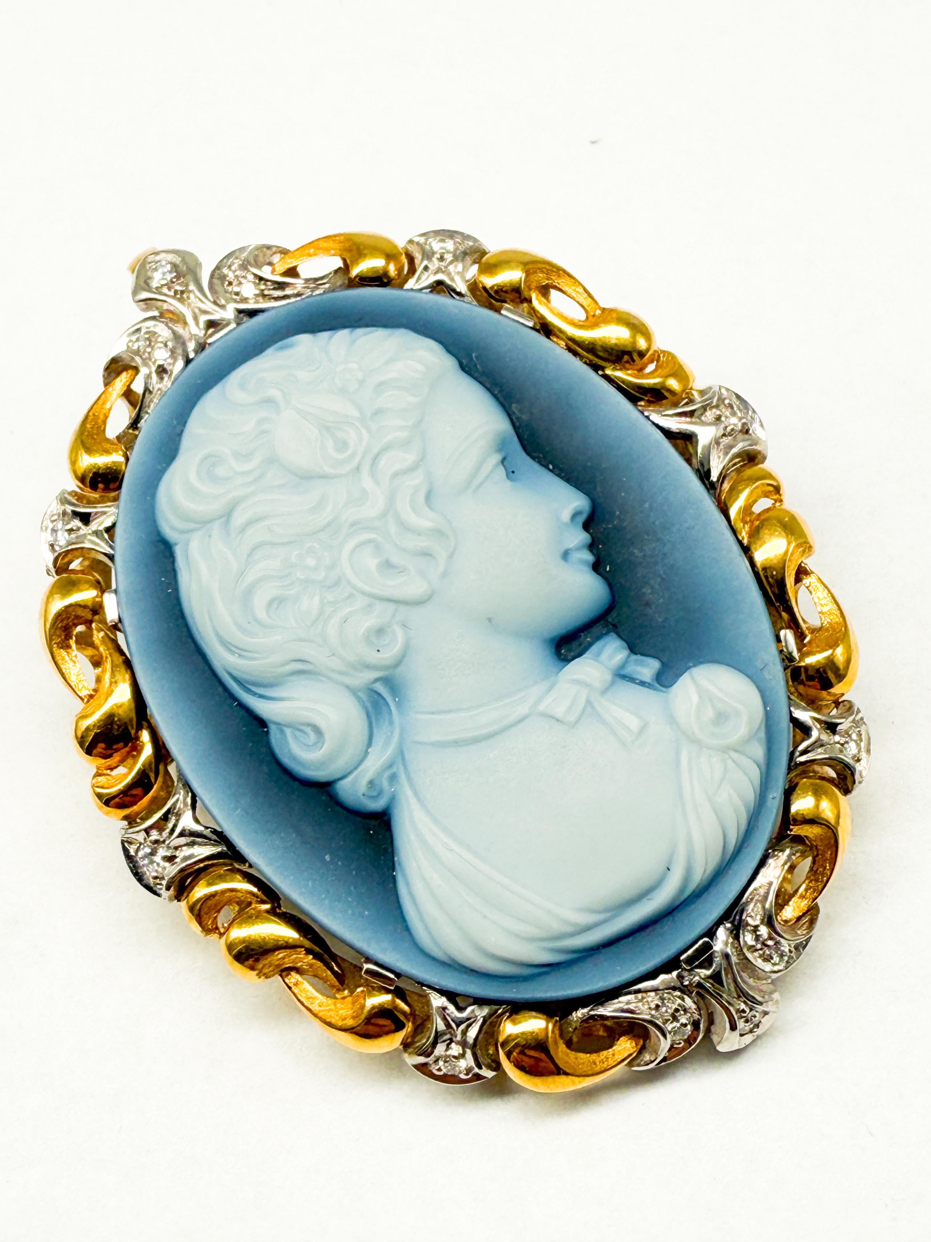 A Rare Antique Treasure – 18K Yellow Gold Brooch with Blue Cameo and Diamonds

This extraordinary brooch is a true one-of-a-kind piece for collectors and lovers of classical jewelry art. Handcrafted from luxurious 18-karat yellow gold, it showcases