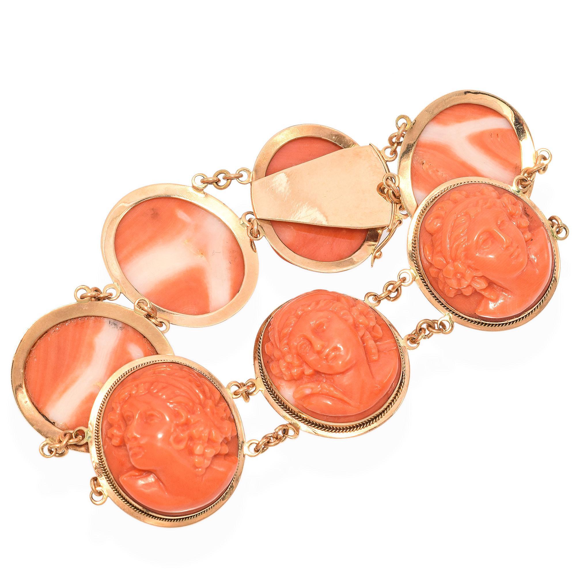 Victorian Antique 18k Yellow Gold Carved Coral Cameo Bracelet For Sale