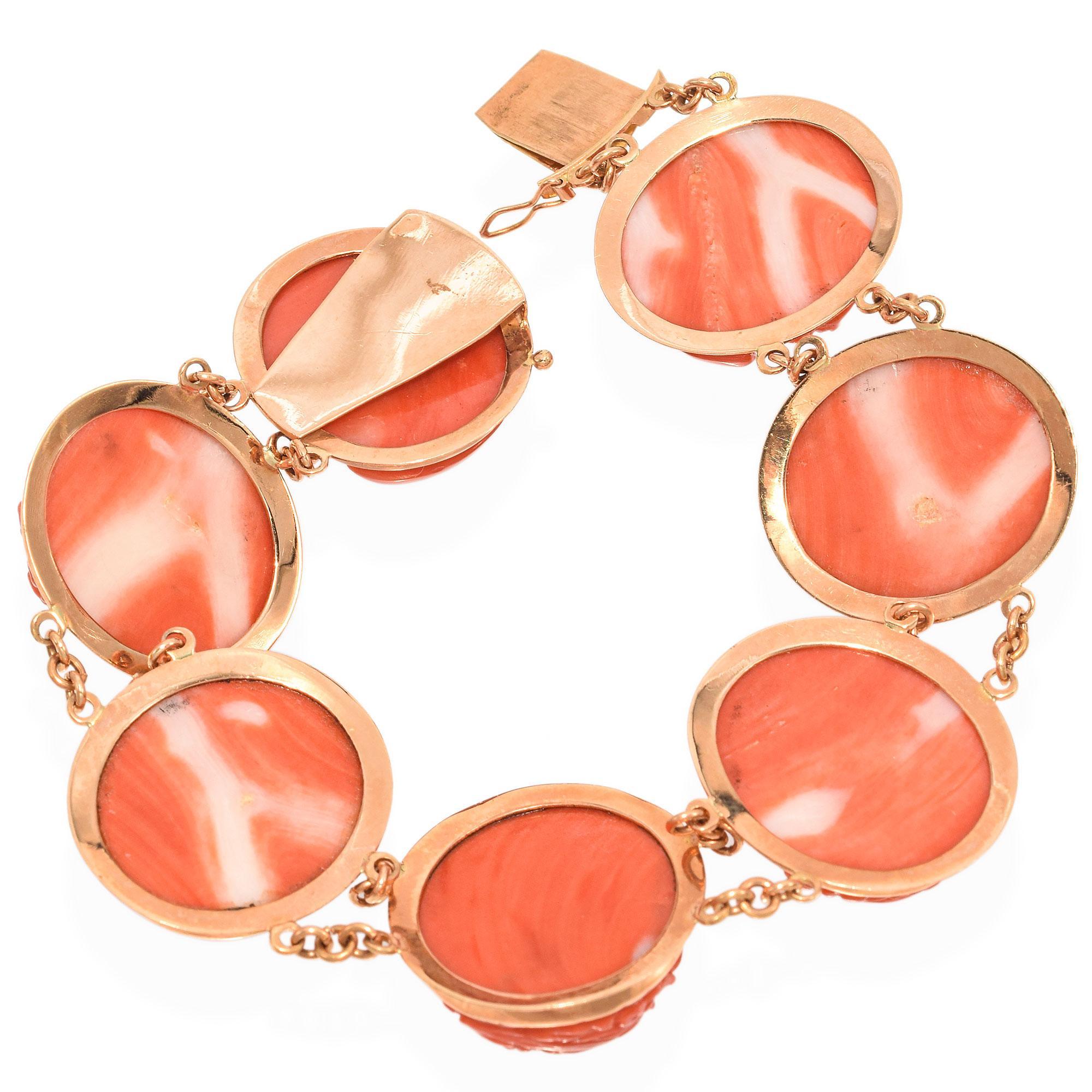 Cabochon Antique 18k Yellow Gold Carved Coral Cameo Bracelet For Sale