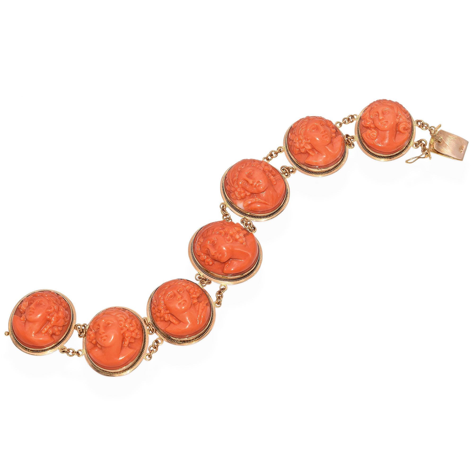 Women's Antique 18k Yellow Gold Carved Coral Cameo Bracelet For Sale