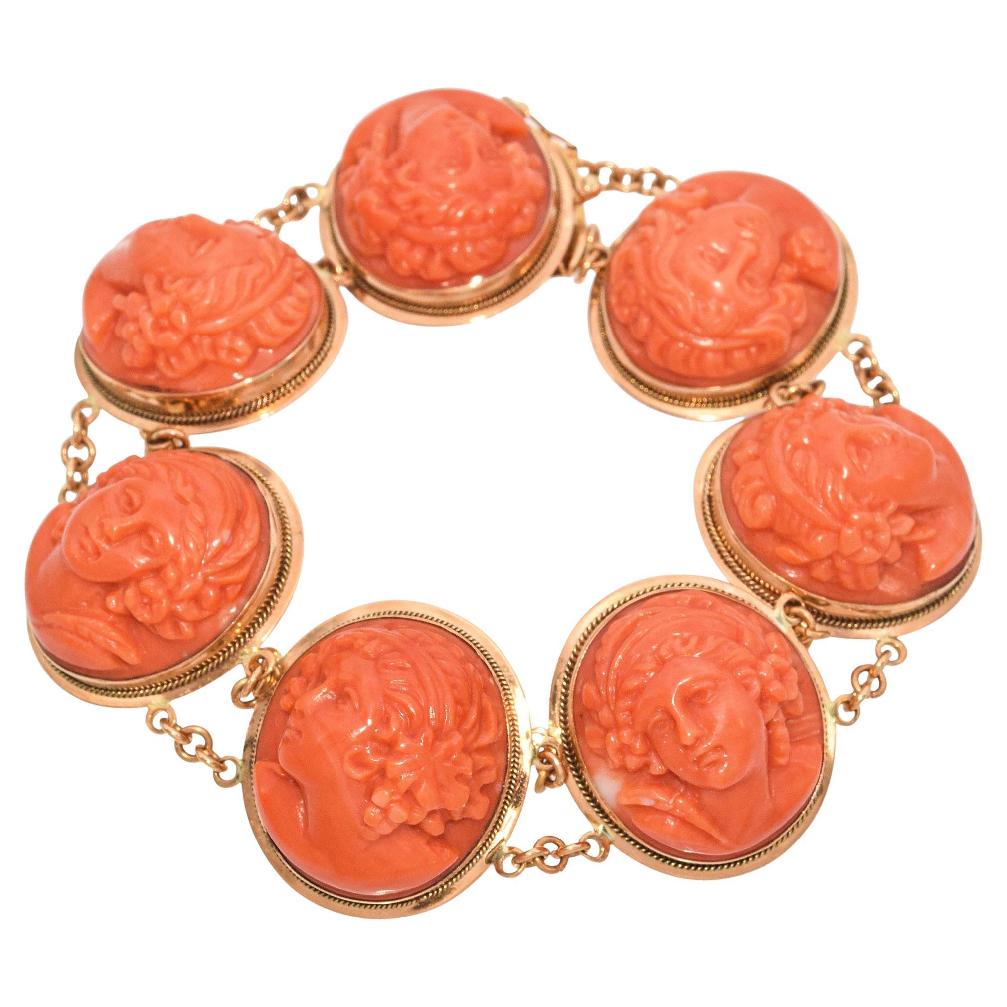 Antique 18k Yellow Gold Carved Coral Cameo Bracelet