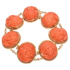 Antique 18k Yellow Gold Carved Coral Cameo Bracelet