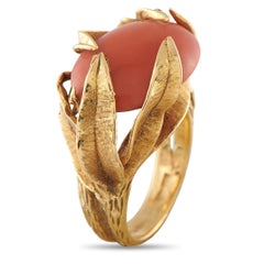 Antique 18K Yellow Gold Coral Cabochon Sculptural Leaf Motif Ring MF23-062526