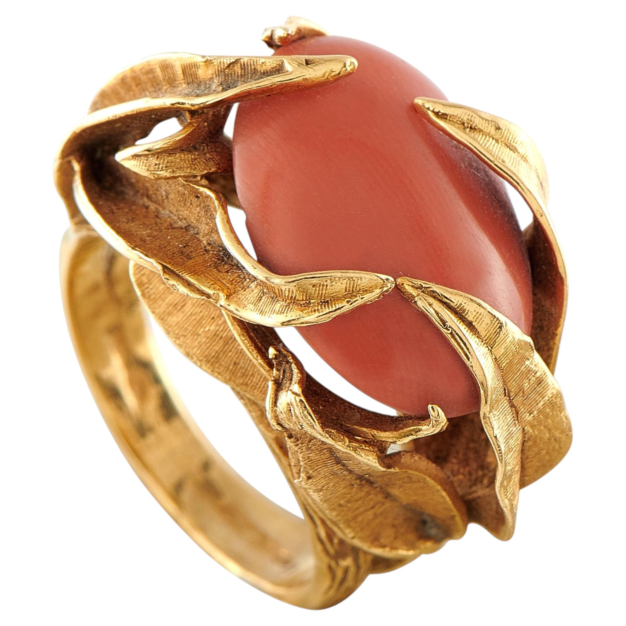 Antique 18K Yellow Gold Coral Cabochon Sculptural Leaf Motif Ring MF23-062526