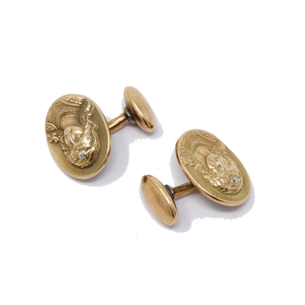Antique 14K Yellow Gold & Diamond Art Nouveau Cufflinks. Each with an oval face of an embossed portrait in relief of a beautiful young woman wearing a diadem set with one European brilliant-cut diamond, .01 carat. The opposing pair, each with a