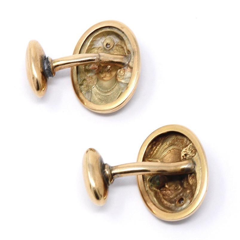Antique 18K Yellow Gold & Diamond Art Nouveau Cufflinks In Good Condition For Sale In Point Richmond, CA