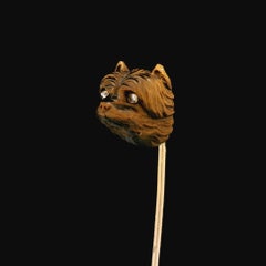 Antique 18k Yellow Gold Diamond & Carved Tiger's Eye Yorkie Head Stick Pin