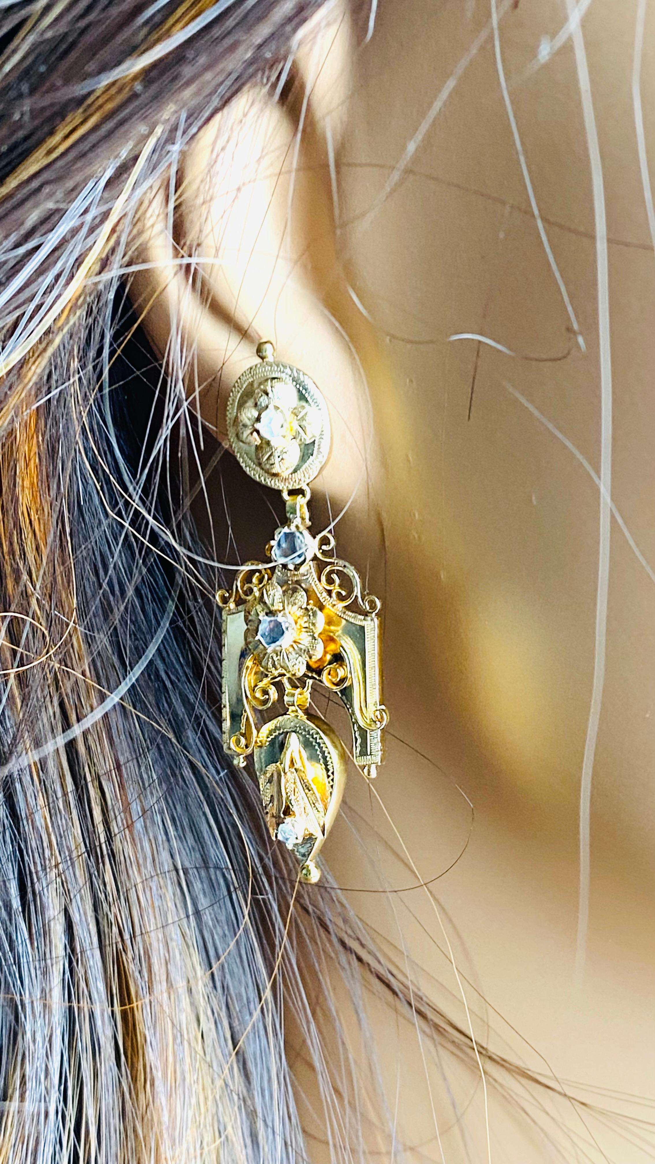 Antique 18K Yellow Gold Diamond Gothic Drop Earrings Striking Blend of Old-World For Sale 5