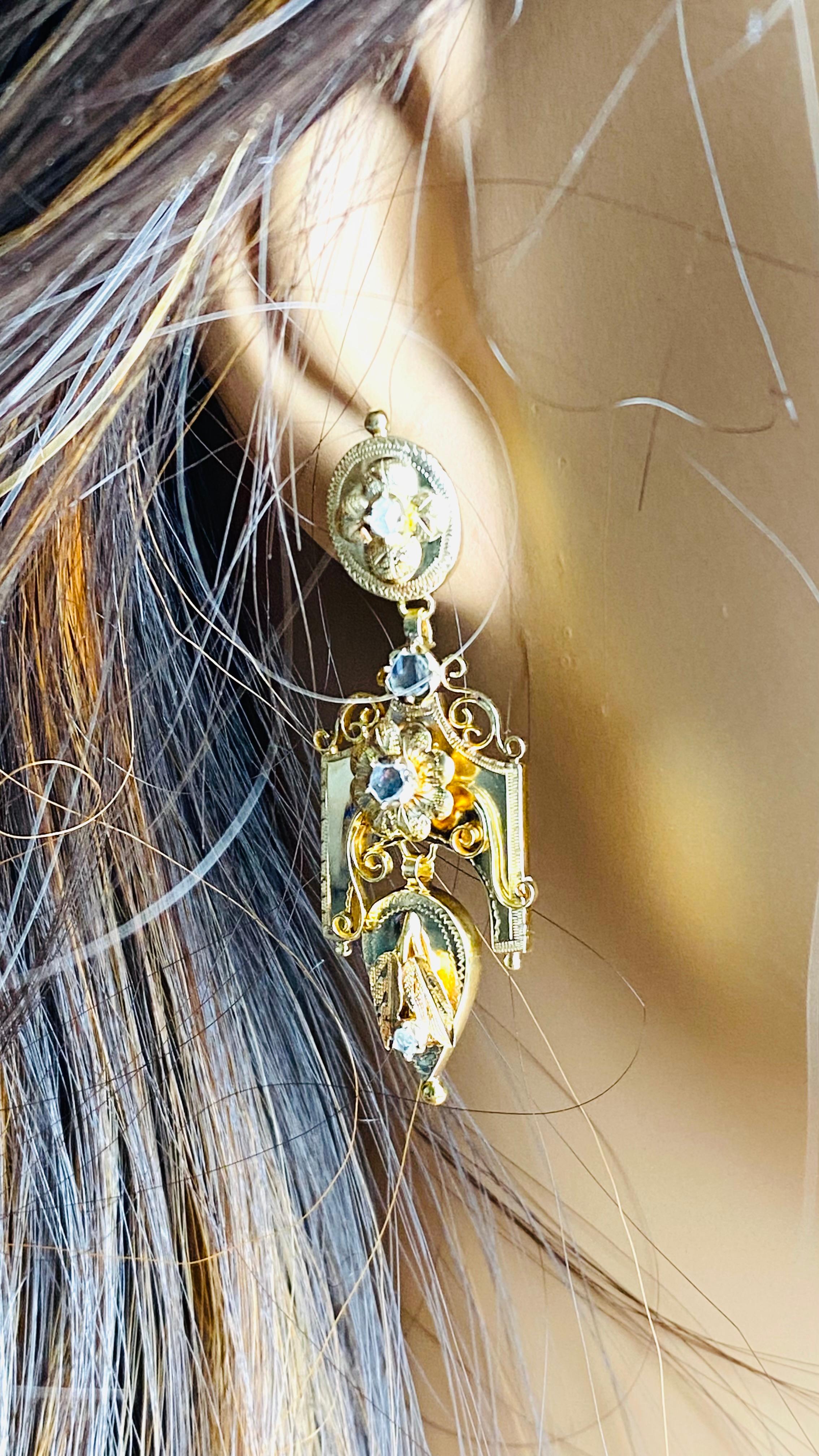 Gothic Revival Antique 18K Yellow Gold Diamond Gothic Drop Earrings Striking Blend of Old-World For Sale