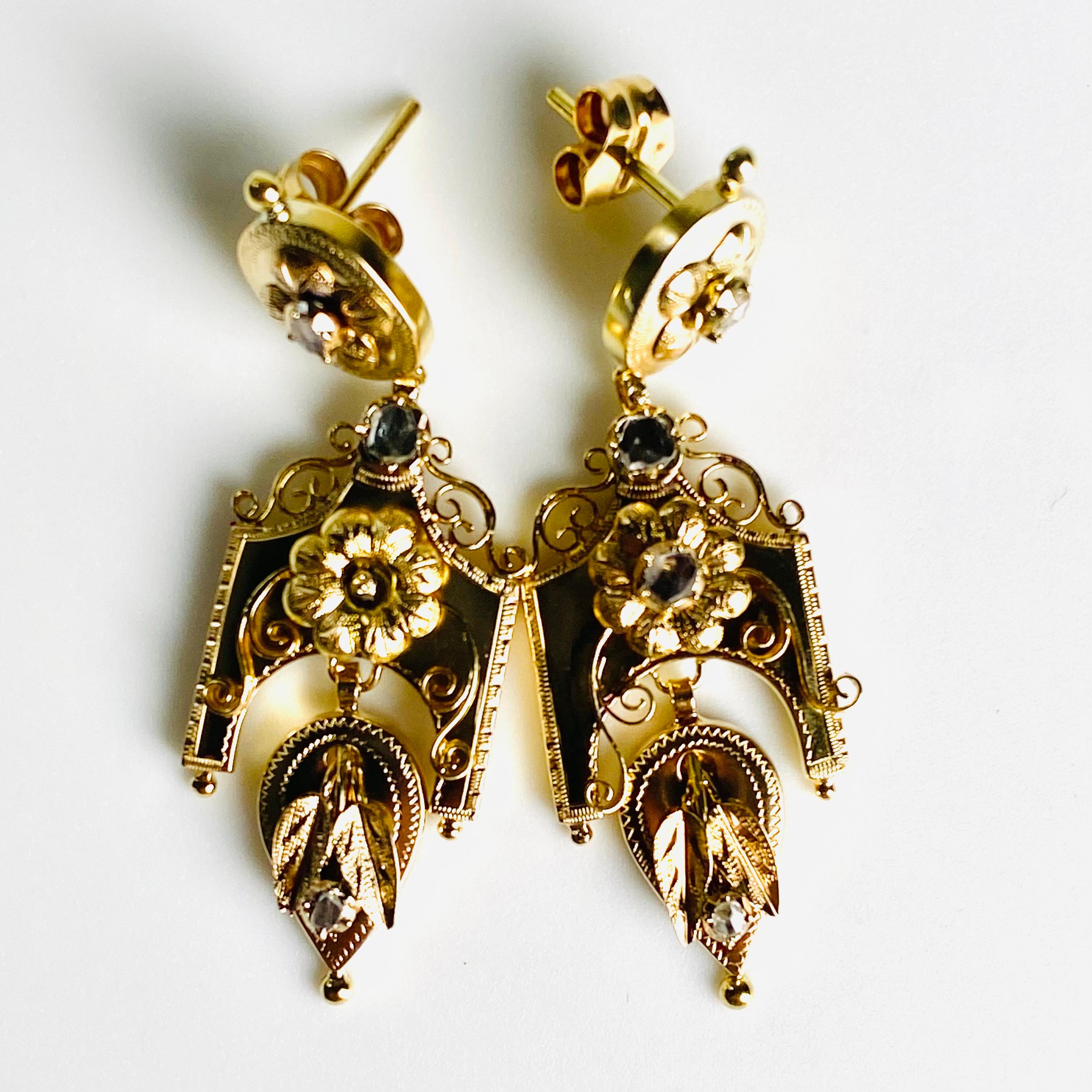 Single Cut Antique 18K Yellow Gold Diamond Gothic Drop Earrings Striking Blend of Old-World For Sale