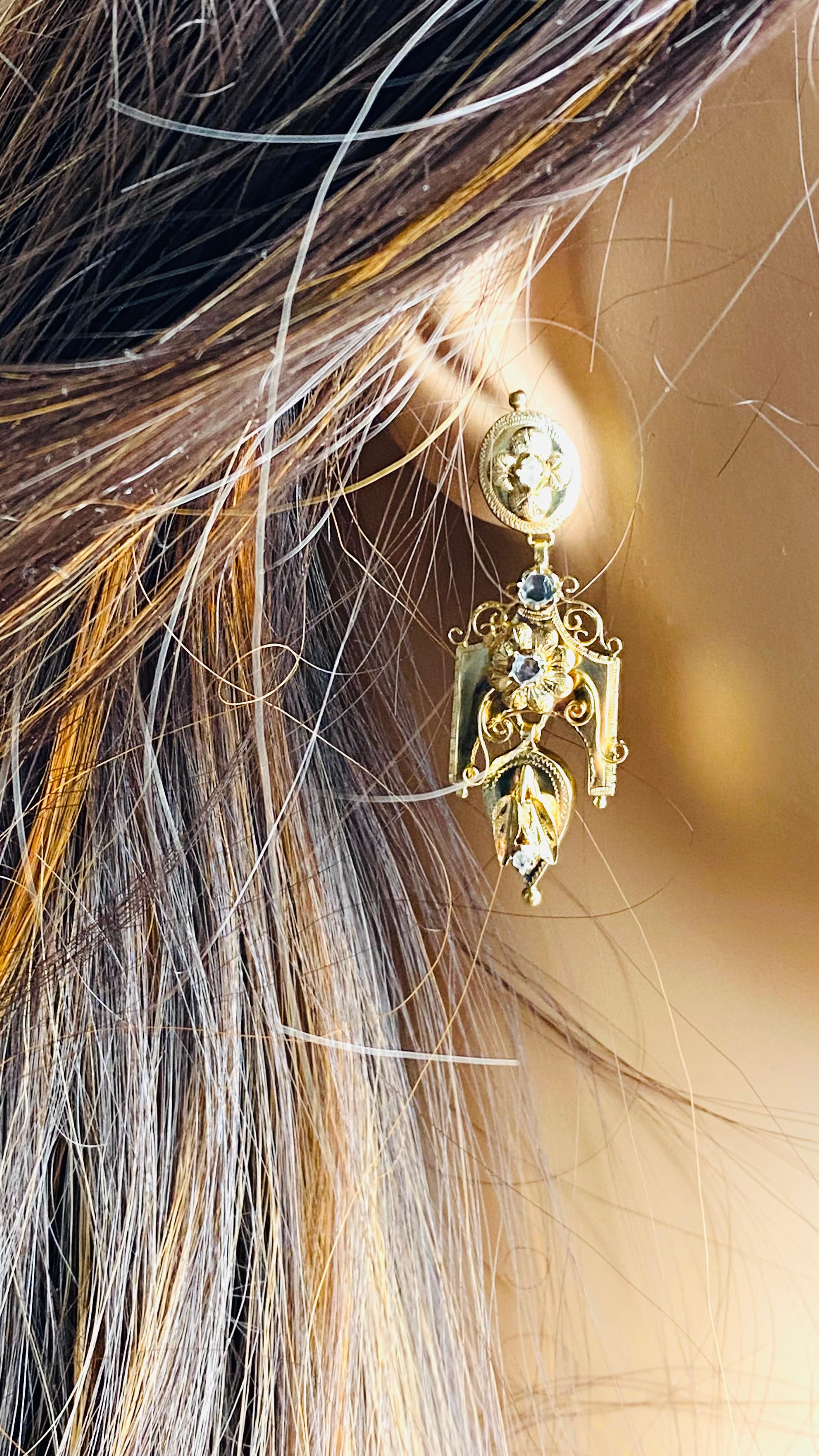 Antique 18K Yellow Gold Diamond Gothic Drop Earrings Striking Blend of Old-World In Good Condition For Sale In New York, NY