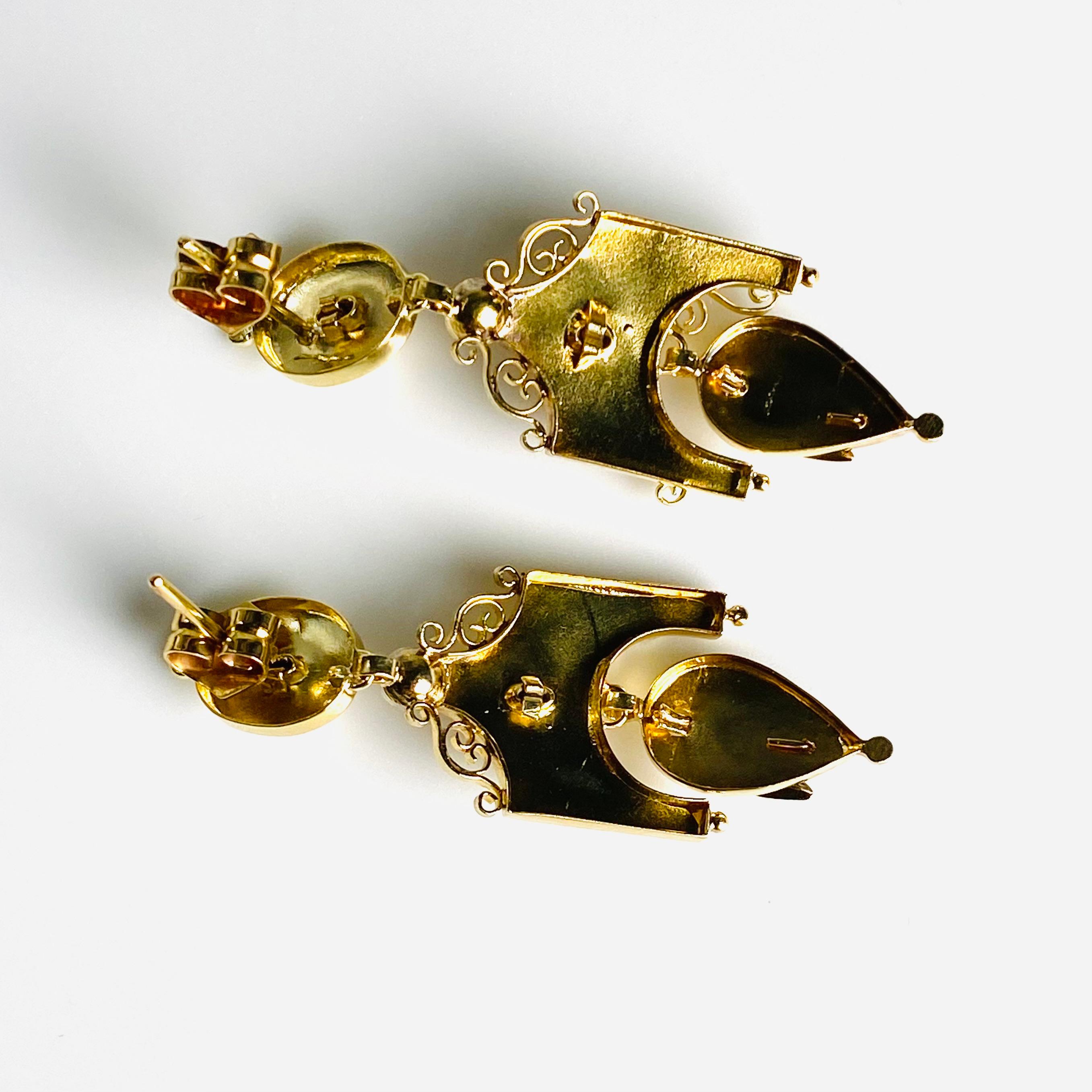 Women's Antique 18K Yellow Gold Diamond Gothic Drop Earrings Striking Blend of Old-World For Sale