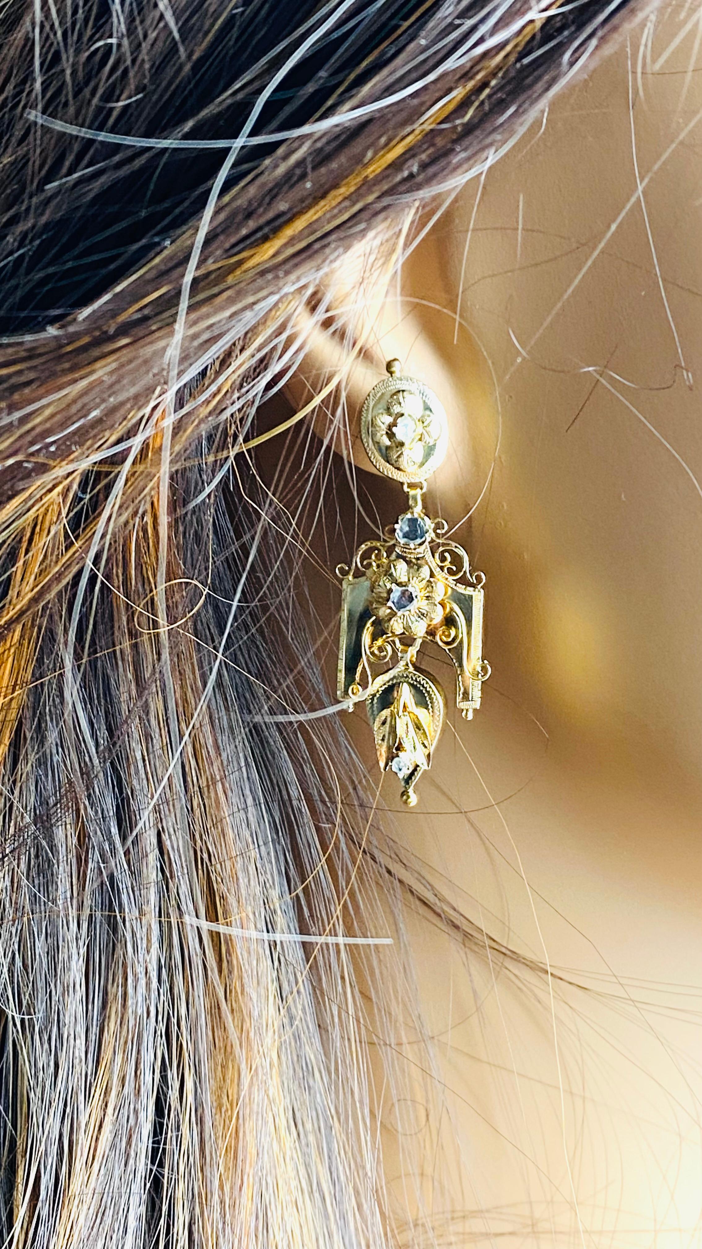 Antique 18K Yellow Gold Diamond Gothic Drop Earrings Striking Blend of Old-World For Sale 1