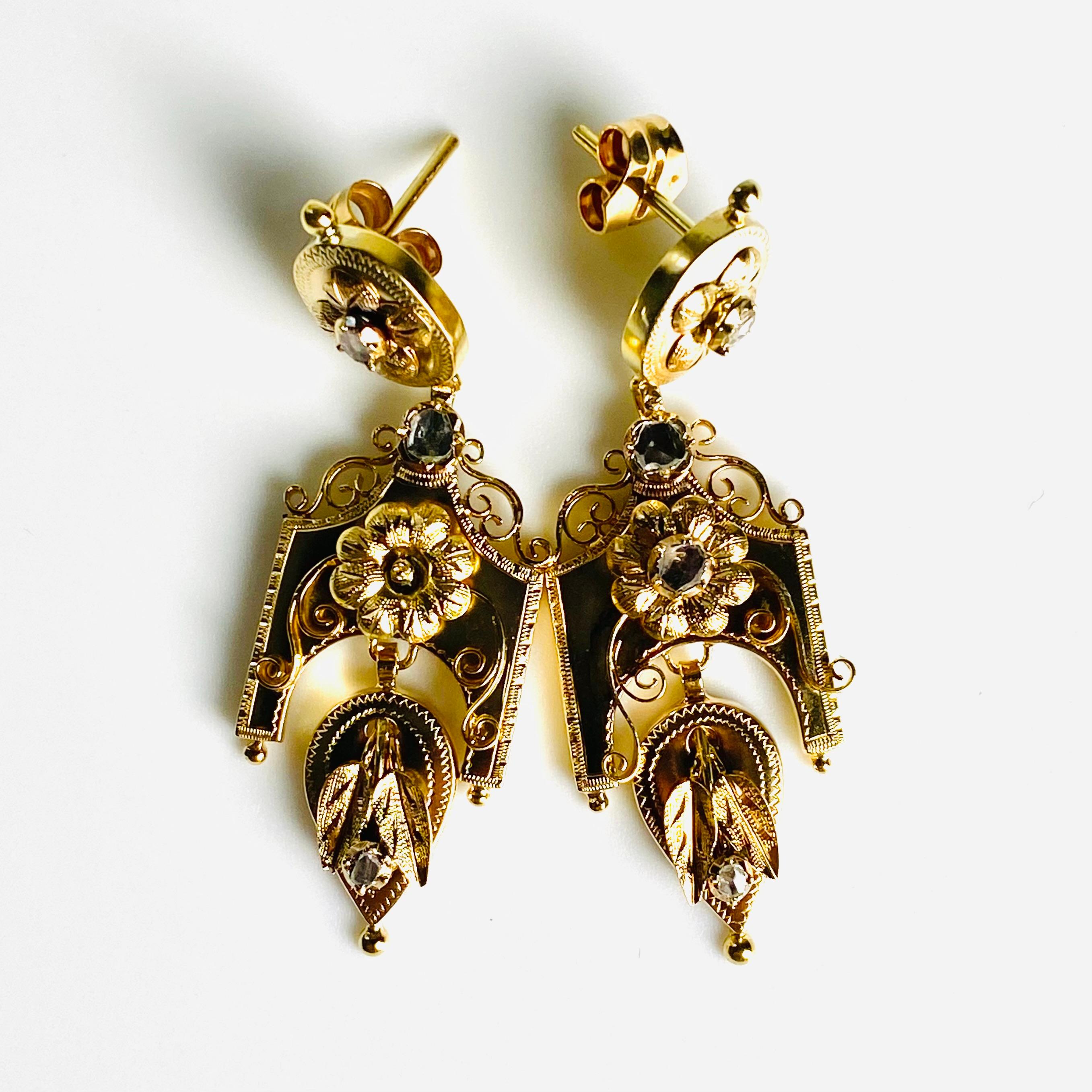 Antique 18K Yellow Gold Diamond Gothic Drop Earrings Striking Blend of Old-World For Sale 2