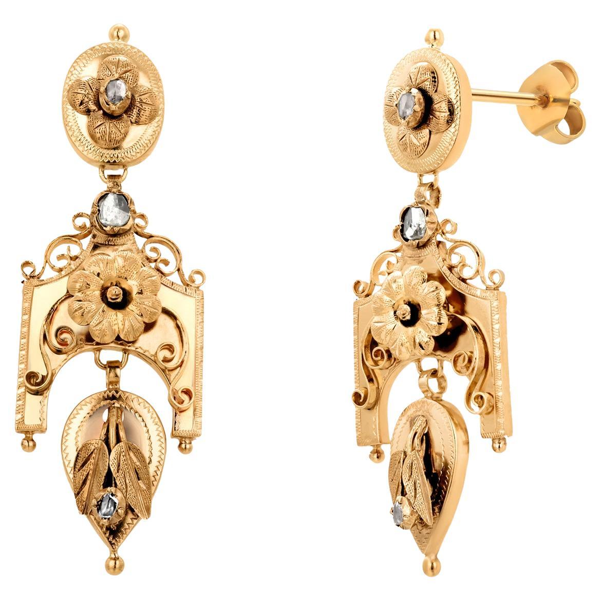 Antique 18K Yellow Gold Diamond Gothic Drop Earrings Striking Blend of Old-World For Sale
