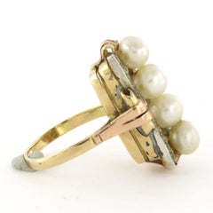 Antique 18K Yellow Gold Diamond Pearl Cluster Ring, Circa 1920, 1.5ct