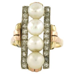 Antique 18K Yellow Gold Diamond Pearl Cluster Ring, Circa 1920, 1.5ct
