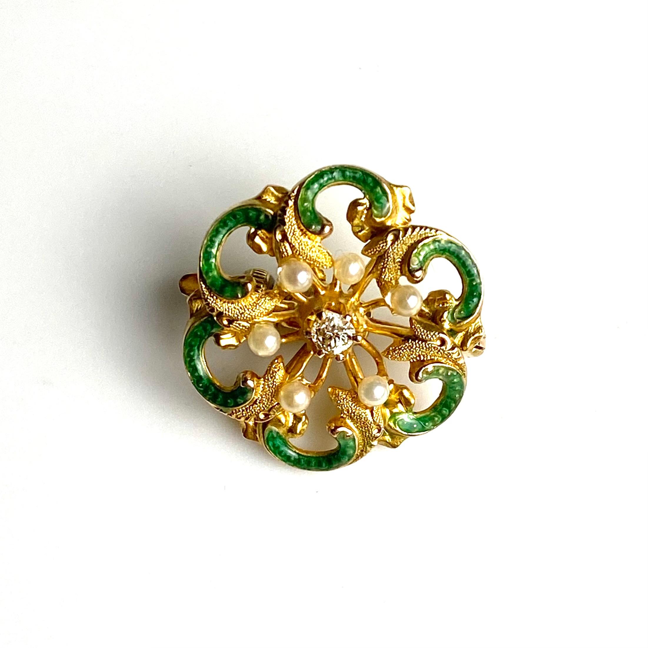 Antique 18K Yellow Gold Diamond & Pearl Enameled Pin Brooch For Sale 4