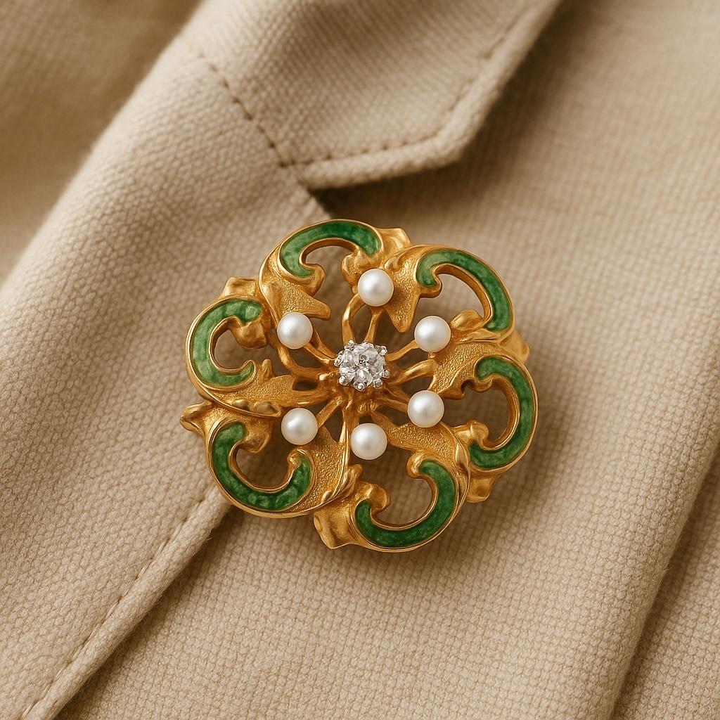 Round Cut Antique 18K Yellow Gold Diamond & Pearl Enameled Pin Brooch For Sale