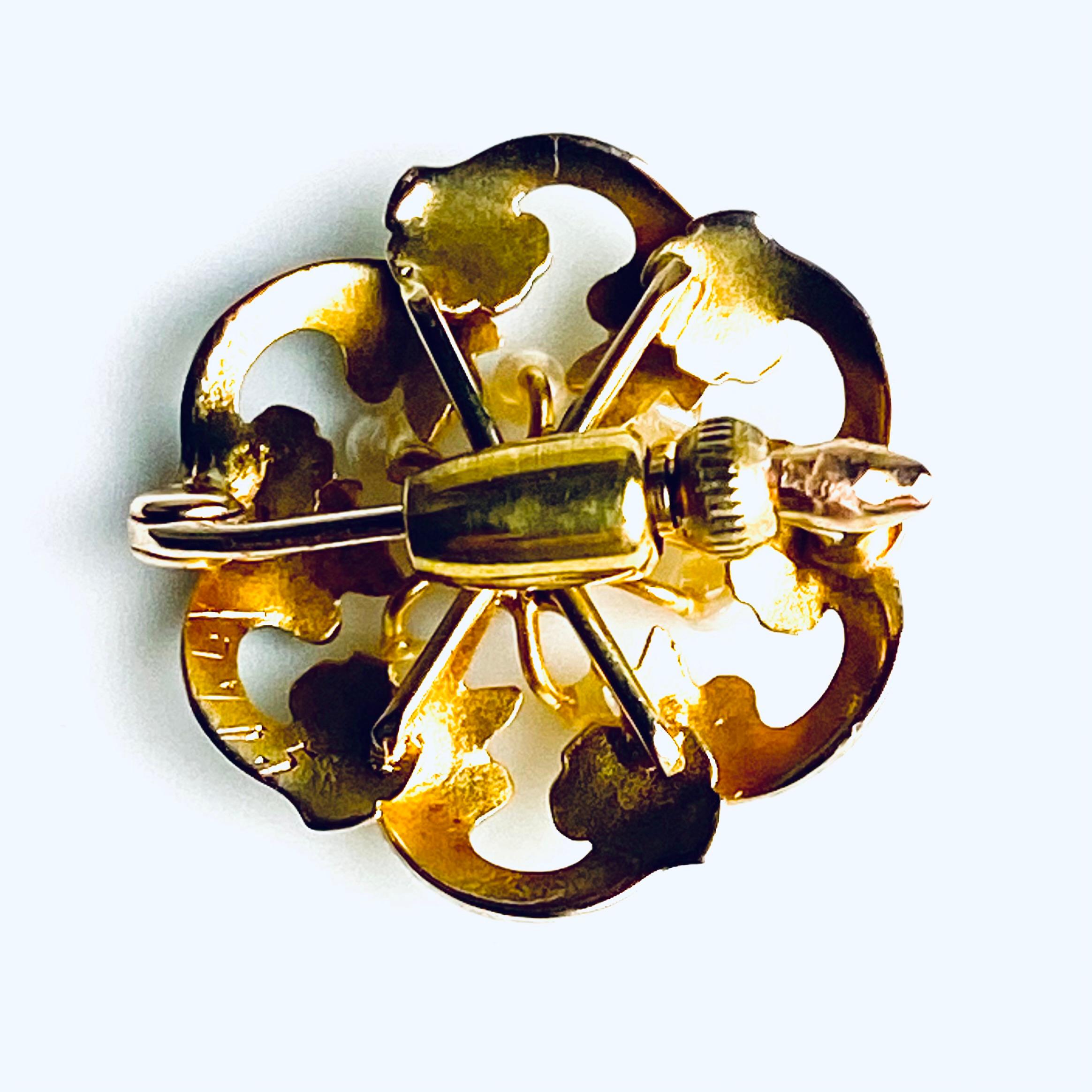Women's or Men's Antique 18K Yellow Gold Diamond & Pearl Enameled Pin Brooch For Sale