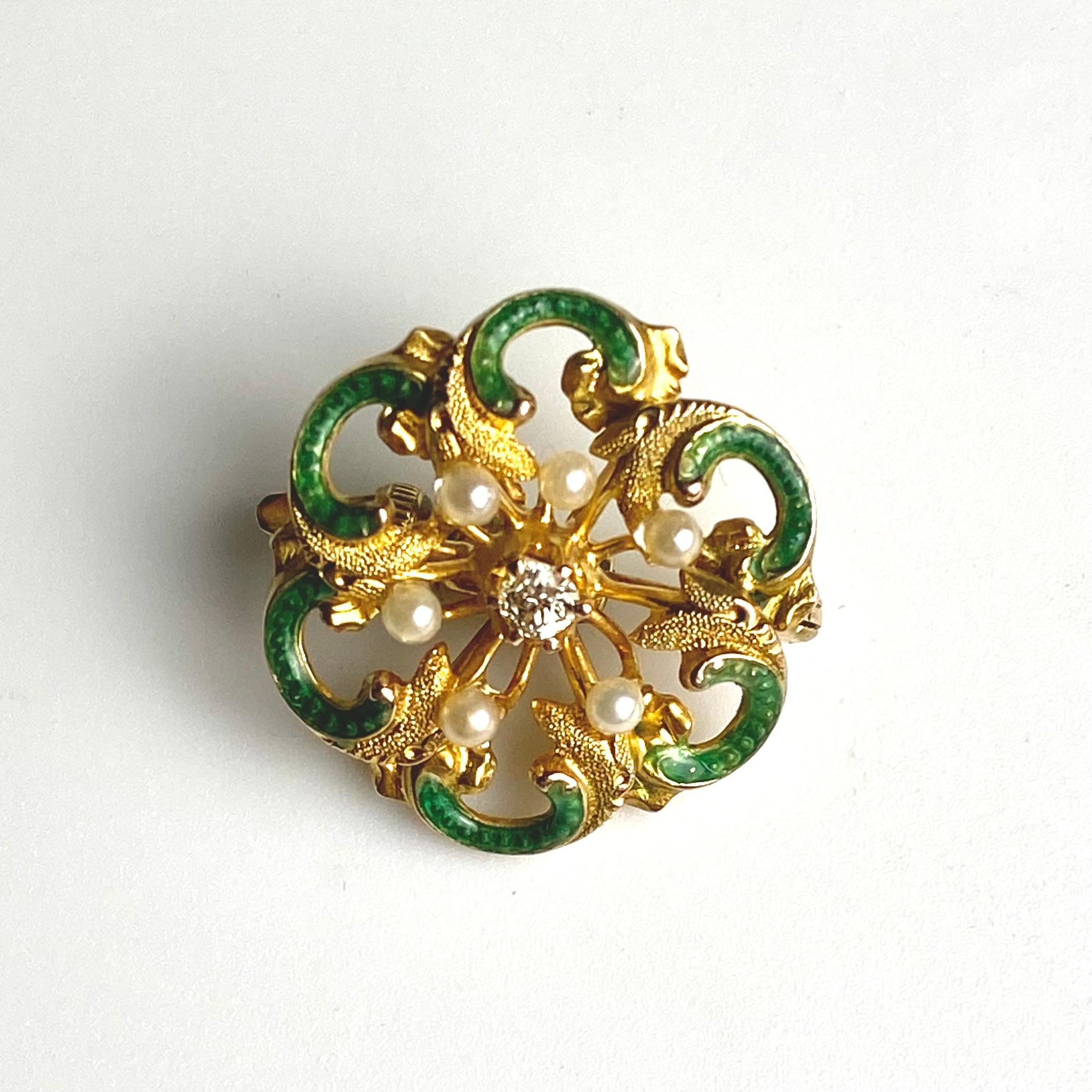 Art Deco Antique 18K Yellow Gold Diamond & Pearl Enameled Pin Brooch For Sale