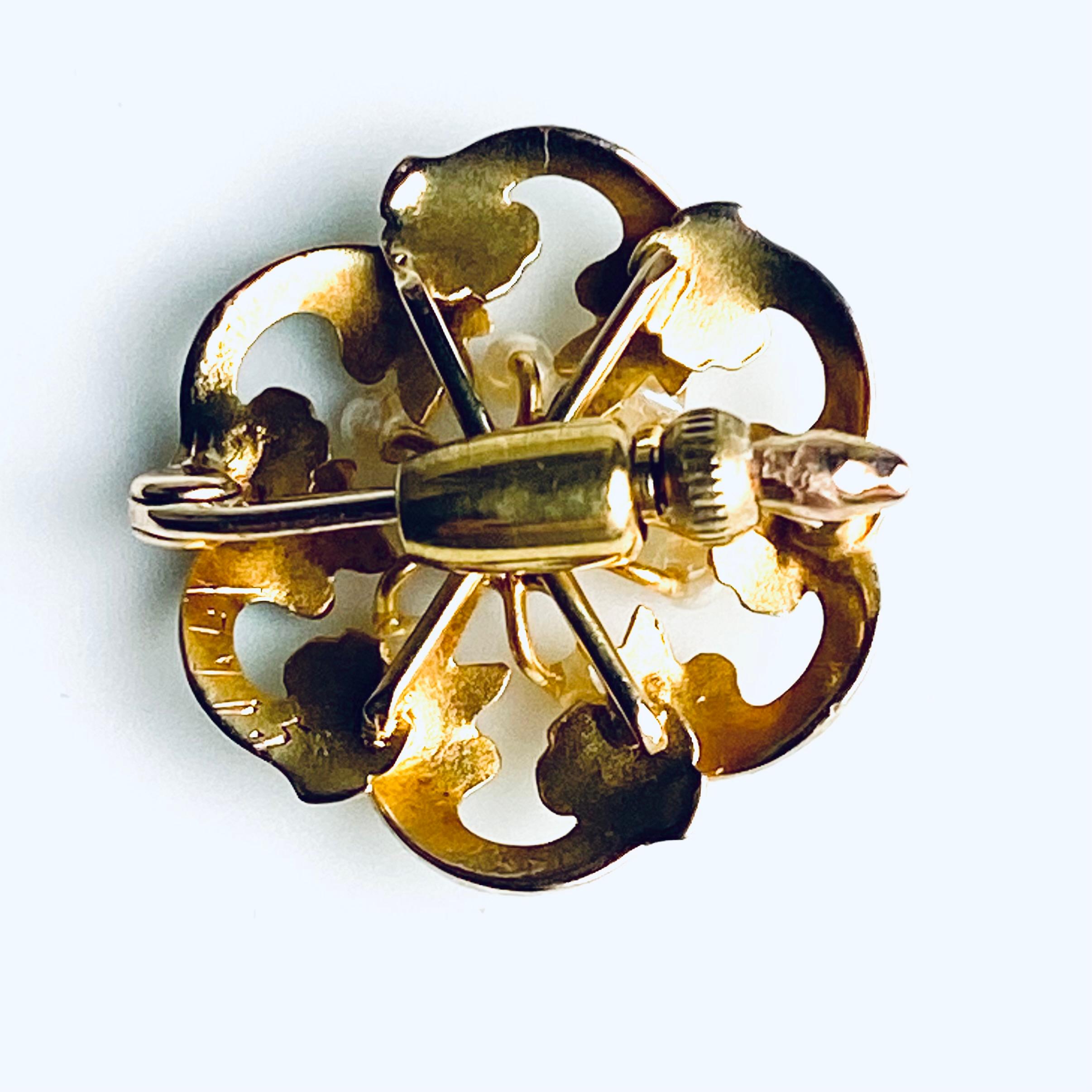 Antique 18K Yellow Gold Diamond & Pearl Enameled Pin Brooch For Sale 3
