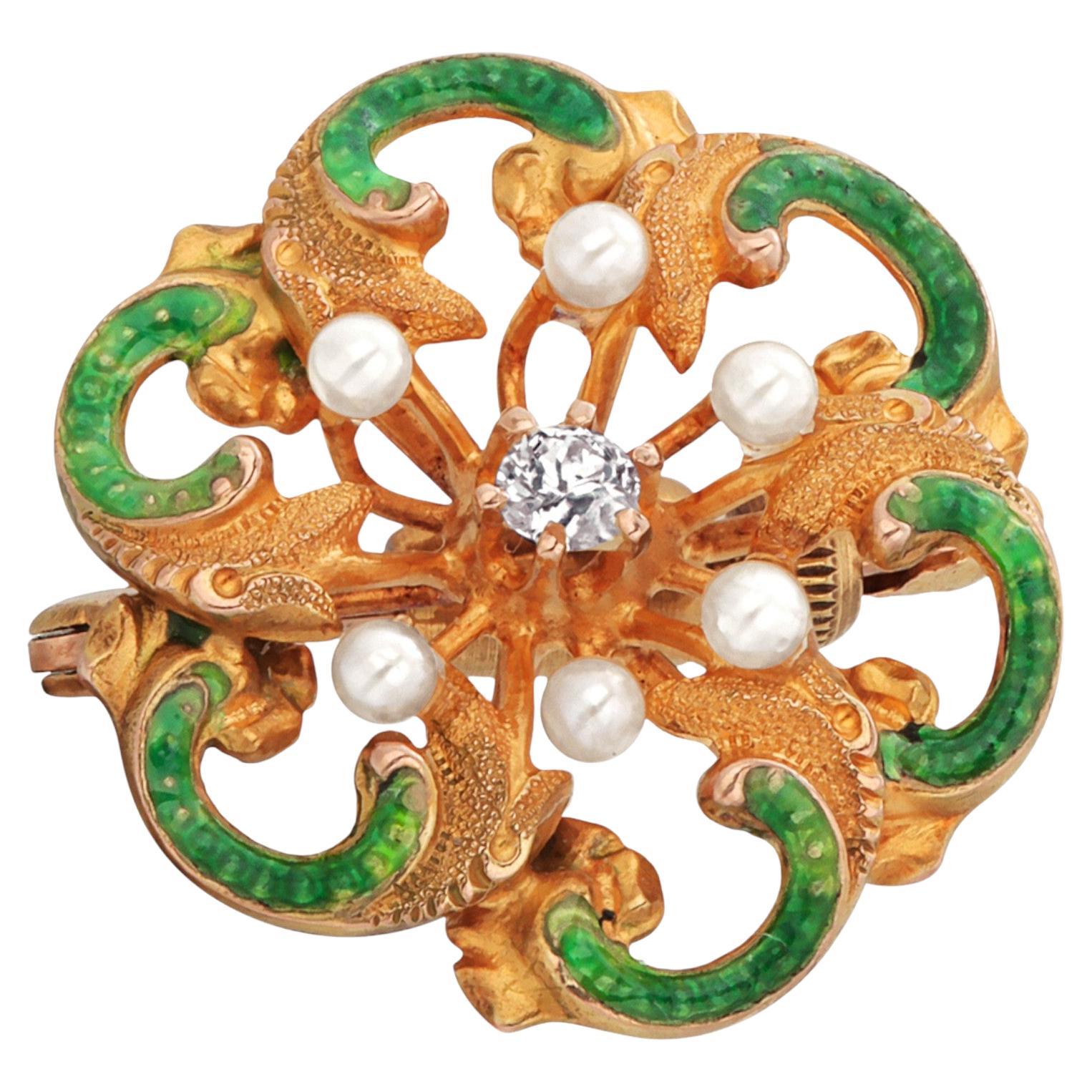 Broche antiguo de oro amarillo de 18 quilates con diamantes y perlas esmaltadas