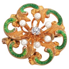 Antique 18K Yellow Gold Diamond & Pearl Enameled Pin Brooch