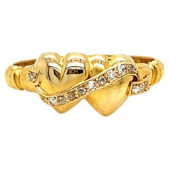 Antiker 18K Gelbgold Double Heart Diamond Ring.